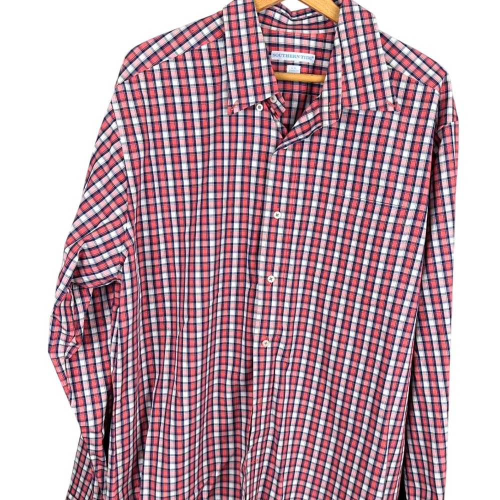 Southern Tide Mens XL Classic Fit Button Down Shirt Red Navy Blue White Plaid